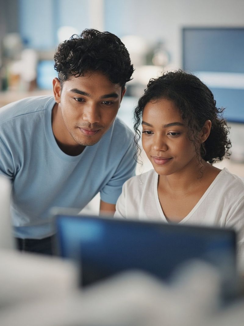 Dois jovens estudando juntos diante de um computador